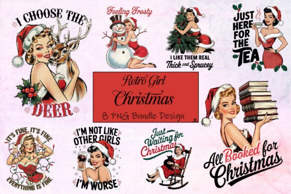 Retro Christmas Girl Designs: Vintage Holiday Clipart