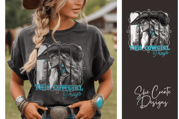 This Cowgirl Pray Design PNG: Turquoise Charm for Your Creations